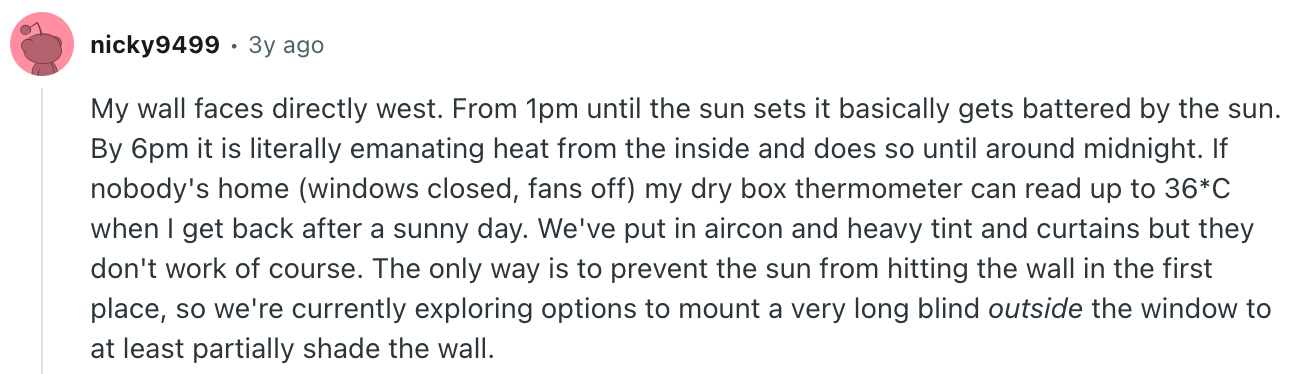 Reddit comment about west-facing wall heat issues